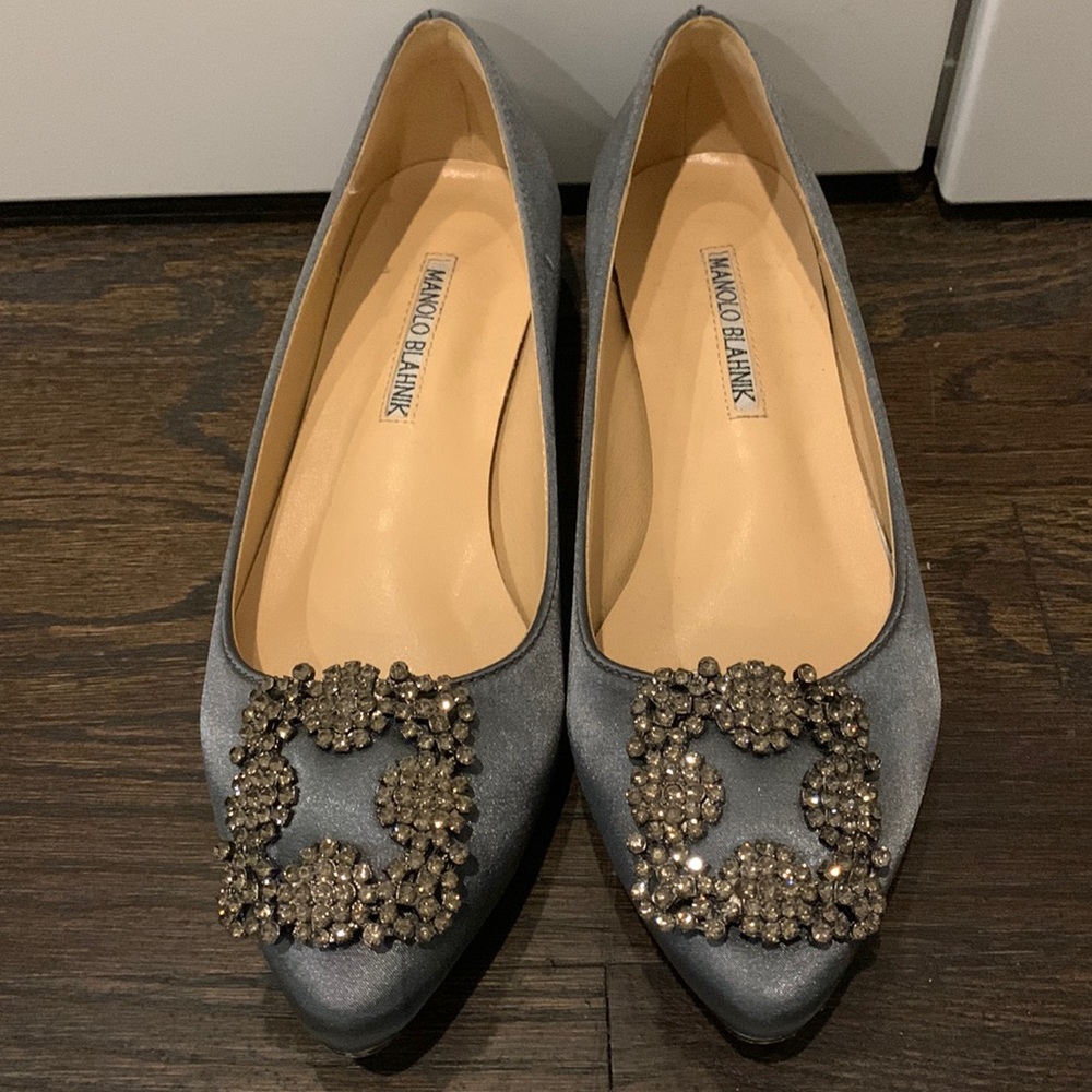 Manolo Blahnik Hangisi Flat- Grey Satin